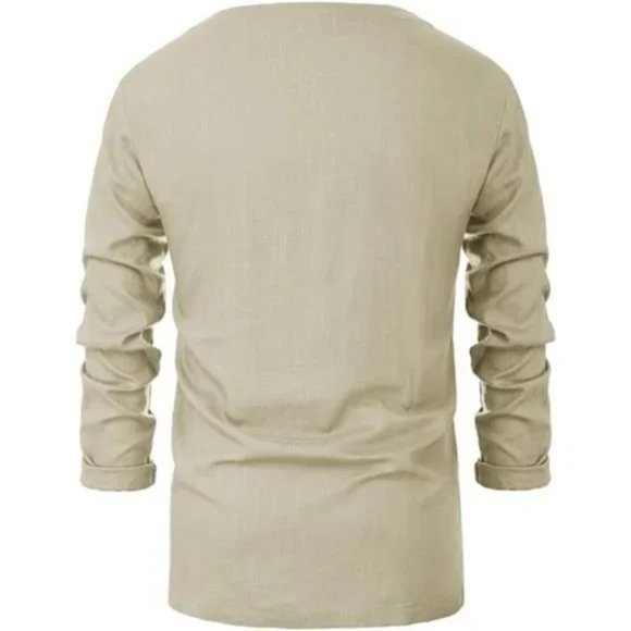 New Men's Long Sleeve Linen Tee, Kaki - Picture 4 of 8